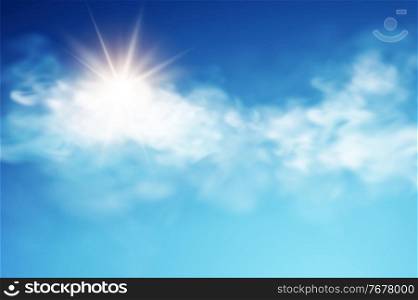 Realistic sky template with transparent cloud and sun ray. Blue background. Light effect. Realistic vector illustration.. Realistic sky template with transparent cloud and sun. Blue background. Light effect. Realistic vector illustration.