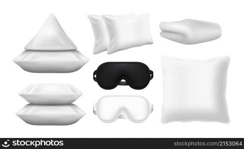 Realistic sleep accessories. Sleeping mask, pillow, blanket. White elements for bed, sweet dream vector set. Illustration realistic soft and comfortable accessory for sleeping. Realistic sleep accessories. Sleeping mask, pillow, blanket. White elements for bed, sweet dream vector set