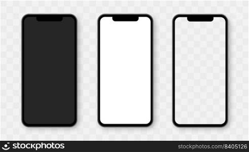 Realistic smartphone display with transparent, white and black screens. 3D models smartphone mockup. Phone template for presentation. Mobile phone with shadow. Vector illustration.. Realistic smartphone display with transparent, white and black screens.