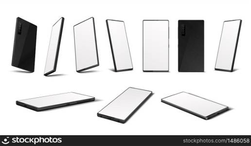 Realistic smartphone. Mobile phone mockup with blank screen in different isometric perspective. Vector illustration isolated 3D cellphone from different sides set isolated on white background. Realistic smartphone. Mobile phone mockup with blank screen in different isometric perspective. Vector isolated 3D cellphone set