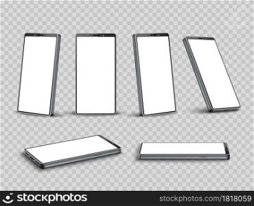 Realistic smartphone mockup. 3d mobile phone mockup, different sides and camera angles, metal case device, cellphone perspective template vector set. Realistic smartphone mockup. 3d mobile phone mockup, different sides and camera angles, metal case device, cellphone template. Vector set