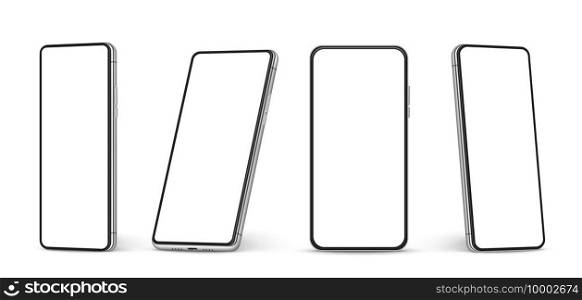 Realistic smartphone mockup. Cellphone with blank white screen, mobile phone in different angles of view Vector 3d isolated template. Illustration smartphone screen, phone blank. Realistic smartphone mockup. Cellphone with blank white screen, mobile phone in different angles of view Vector 3d isolated template