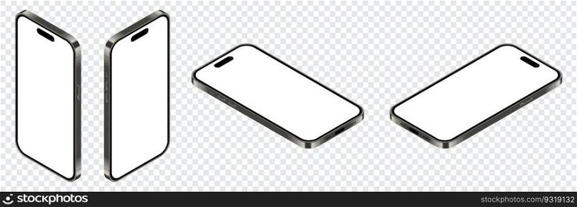 Realistic smartphone mockup. Isometric smartphone set. 3d mobile phones with blank screen. Vector illustration