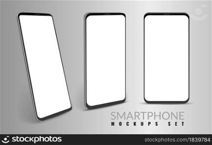 Realistic smartphone mockup. Mobiles in different view angles. Modern 3D cell phones template with interface screen. Digital communication devices set for branding. Vector gadget advertising banner. Realistic smartphone mockup. Mobiles in different view angles. Modern 3d cell phones template with blank screen. Digital communication devices set for branding. Vector advertising banner