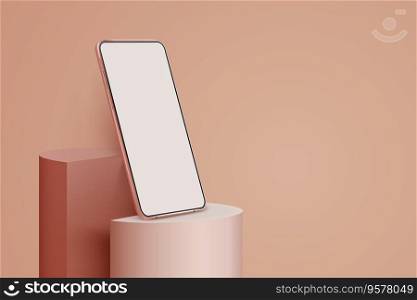 Realistic smartphone mockup on podium. 3d mobile phone with blank screen. Modern vector cell phone template on light background. Illustration of device 3d screen. Realistic smartphone mockup on podium. 3d mobile phone with blank screen. Modern cell phone template on light background. Illustration of device 3d screen