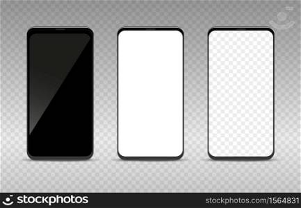 Realistic smartphone mockup set. Empty black white and transparent blank mobile phone template, cellphone display front view collection, digital device screen vector isolated illustration. Realistic smartphone mockup set. Black white and transparent blank mobile phone template, cellphone display front view collection, digital device screen vector illustration
