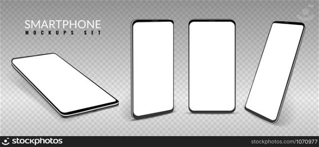 Realistic smartphone mockup. Smartphones in different view angles, frameless blank mobile phone, modern cell phones template 3d vector isometric front concept cellphone set. Realistic smartphone mockup. Smartphones in different view angles, frameless blank mobile phone, modern cell phones template 3d vector set