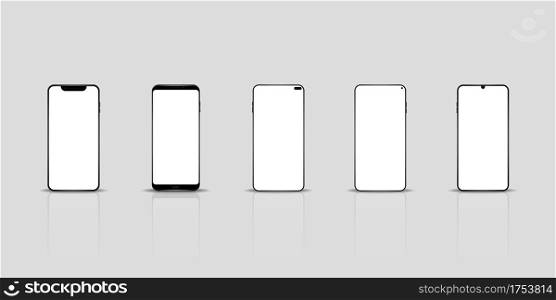Realistic smartphones with blank white screen mockups