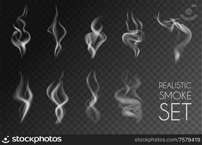 Realistic smoke transparent icon set white abstract object cigarette smoke steam from coffee par example vector illustration