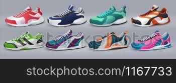Realistic sneakers. Footwear and training shoes, fashion sport shopping, various colorful shoes. Vector illustration sport shoes isolated set for healthy lifestyle symbol. Realistic sneakers. Footwear and training shoes, fashion sport shopping, various colorful shoes. Vector sport shoes isolated set