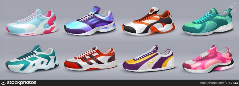 Realistic sneakers. Various shoes for training and sport recreation, different colorful footwear. Vector fashion color sport shoes for speed run set. Realistic sneakers. Various shoes for training and sport recreation, different colorful footwear. Vector fashion sport shoes set