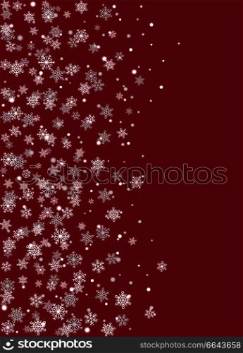 Realistic snowflakes on burgundy background vector illustration with white snowballs. Snowy backdrop with christmas snowstorm, burst of snow. Realistic Snowflakes on Burgundy Background Vector