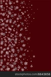 Realistic snowflakes on burgundy background vector illustration with white snowballs. Snowy backdrop with christmas snowstorm, burst of snow. Realistic Snowflakes on Burgundy Background Vector
