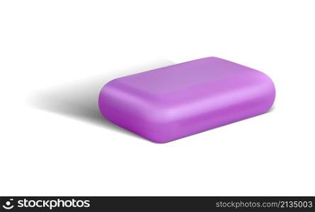 Realistic soap bar for bath. Antibacterial body care cosmetics. 3D cleaning product. Hand washing cleanser. Household cleaner purple piece. Hygienic toiletry. Vector isolated square violet detergent. Realistic soap bar for bath. Antibacterial body care cosmetics. 3D cleaning product. Hand washing cleanser. Household cleaner piece. Hygienic toiletry. Vector square violet detergent
