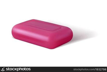 Realistic soap bar for shower. Hygiene cosmetic 3D square product pink color, solid detergent mockup, bathroom toiletry hand washing body care object, vector isolated on white background illustration. Realistic soap bar for shower. Hygiene cosmetic 3D square product pink color, solid detergent mockup, bathroom toiletry hand washing body care object, vector isolated illustration