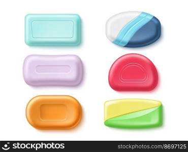 Realistic soap bars. 3d isolated toiletries, antibacterial body wash pieces different forms and colors, skin care hygiene cleanser product. Cosmetic hand washing various shapes mockup utter vector set. Realistic soap bars. 3d isolated toiletries, antibacterial body wash pieces different forms and colors, skin care hygiene cleanser product. Cosmetic hand washing mockup utter vector set