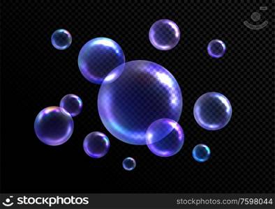 Realistic soap bubbles isolated on black transparent background. Vector illustration EPS10. Realistic soap bubbles isolated on black transparent background. Vector illustration
