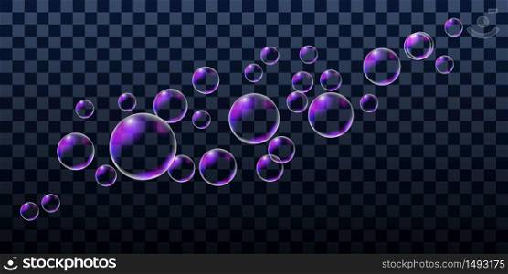 Realistic soap bubbles, set of design elements isolated on transparent background. Vector illustration
