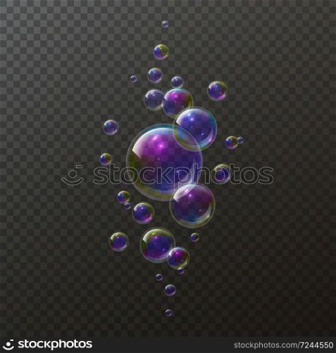 Realistic soap bubbles. Shampoo foam rainbow bubble. Iridescent colorful cloud of big and little soapy balls. Vector background isolated. Realistic soap bubbles. Shampoo foam rainbow bubble. Iridescent cloud of soapy balls. Vector background isolated