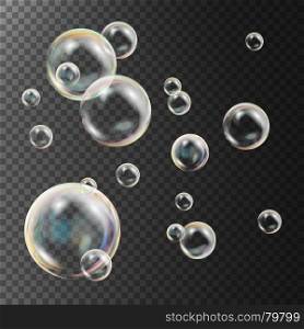 Realistic Soap Bubbles Vector. Rainbow Reflection. Aqua Wash. Isolated Illustration. Transparent Soap Bubbles Vector. Colorful Falling Soap Bubbles. Isolated Illustration