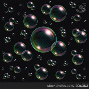 Realistic soap bubbles with rainbow reflection isolated on transparent background. Vector water foam bubbles. Colorful iridescent glass sphere.. Realistic soap bubbles with rainbow reflection isolated on transparent background.