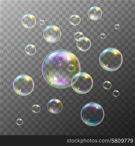 Realistic soap bubbles with rainbow reflection set isolated vector illustration. Soap Bubbles Set