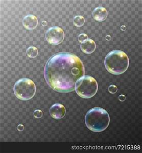 Realistic soap bubbles with rainbow reflection set isolated vector illustration. Soap Bubbles Set