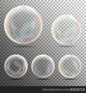 Realistic Soap Bubbles With Rainbow Reflection. Transparent Soap Bubble. Realistic Vector Illustration. Air Bubble