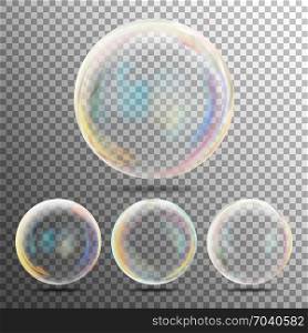 Realistic Soap Bubbles With Rainbow Reflection. Transparent Soap Bubble. Realistic Vector Illustration. Air Bubble