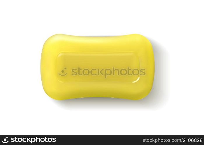 Realistic soap piece for bath. Body care cleaning product. 3D cosmetic antibacterial bathroom detergent. Isolated hand washing natural spa square yellow cleanser. Vector top view of hygienic toiletry. Realistic soap piece for bath. Body care cleaning product. 3D cosmetic antibacterial bathroom detergent. Hand washing natural spa yellow cleanser. Vector top view of hygienic toiletry