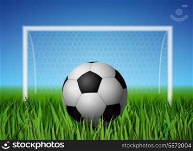 Realistic soccer ball and grass field with gates for football background poster template vector illustration
