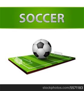 Realistic soccer ball and grass field with gates for football emblem isolated vector illustration