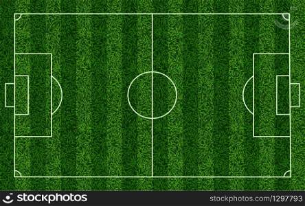 Realistic soccer grass field. Football lawn field, stadium green grass texture top view playground, sports field with markup vector background. Grass field, soccer green for championship illustration. Realistic soccer grass field. Football lawn field, stadium green grass texture top view playground, sports field with markup vector background