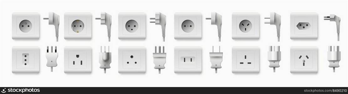 Realistic socket and plug. Electricity chargers and adapters. 3D white plastic interior elements. Different types. Home details. Electrical circuit connector. Vector isolated electric outlets set. Realistic socket and plug. Electricity chargers and adapters. 3D plastic interior elements. Different types. Home details. Electrical circuit connector. Vector electric outlets set