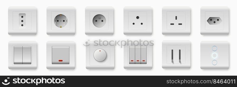 Realistic socket and switch. Interior wall outlets or electric connectors. Different square types. White plastic light toggle. Plug adapter shapes. Home buttons. Vector isolated electrical devices set. Realistic socket and switch. Interior wall outlets or electric connectors. Different square types. Plastic light toggle. Plug adapter shapes. Home buttons. Vector electrical devices set