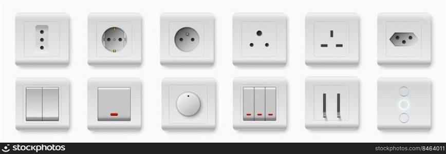 Realistic socket and switch. Interior wall outlets or electric connectors. Different square types. White plastic light toggle. Plug adapter shapes. Home buttons. Vector isolated electrical devices set. Realistic socket and switch. Interior wall outlets or electric connectors. Different square types. Plastic light toggle. Plug adapter shapes. Home buttons. Vector electrical devices set