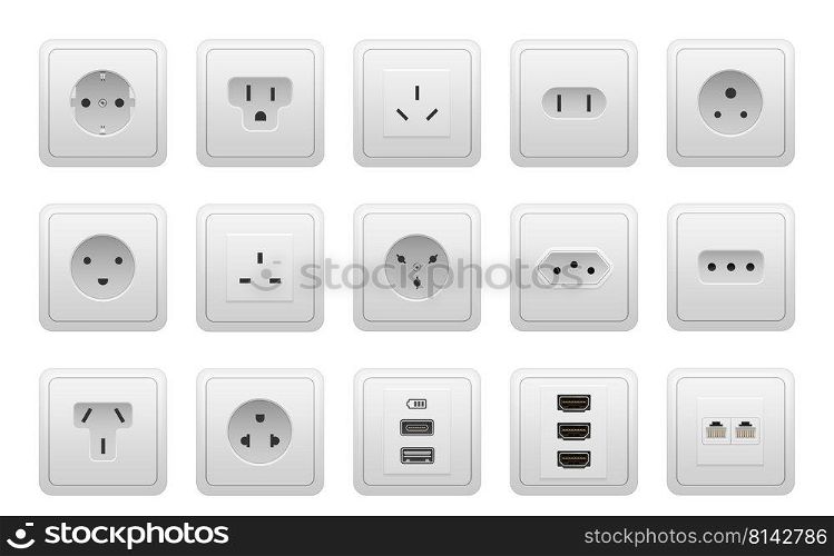 Realistic socket types. AC power wall socket mock up, USB hand drawnMI RG45 electric ports, European and American electricity sockets. Vector isolated set. Ports for electrical equipment charging. Realistic socket types. AC power wall socket mock up, USB hand drawnMI RG45 electric ports, European and American electricity sockets. Vector isolated set