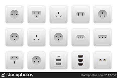 Realistic socket types. AC power wall socket mock up, USB hand drawnMI RG45 electric ports, European and American electricity sockets. Vector isolated set. Ports for electrical equipment charging. Realistic socket types. AC power wall socket mock up, USB hand drawnMI RG45 electric ports, European and American electricity sockets. Vector isolated set