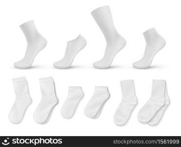 Realistic socks. White empty isolated foot wear mockup for brand identity or product design template. Vector illustration blank image trendy clothing set for legs. Realistic socks. White empty isolated foot wear mockup for brand identity or product design template. Vector blank clothing set