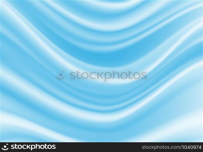 Realistic soft blue silk satin fabric wave luxury background vector illustration.