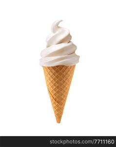 Realistic soft ice cream waffle cone. Soft serve ice cream, 3d vector american sundae swirl in wafer cone or machine vanilla ice cream. Fast food restaurant frozen dessert. Realistic soft American ice cream in waffle cone