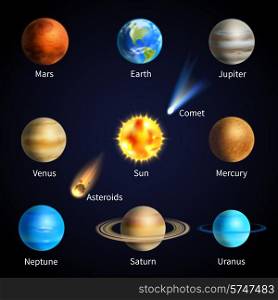 Realistic solar system planets and space objects set isolated vector illustration