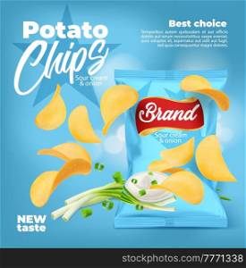 Realistic sour cream and onion flavored potato chips, vector snack food package. Falling chips with blue bag of crunchy vegetable slices, chopped green onion, cream bowl, 3d junk food package. Realistic sour cream and onion potato chips