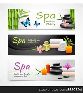 Realistic spa beauty health care banner set with stones towels candles isolated vector illustration