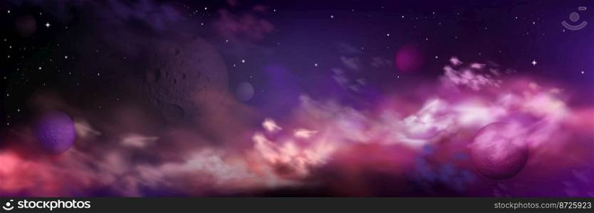 Realistic space background with planets, stars and nebula clouds in colorful purple and blue colored sky. Fantasy heaven, cosmos panoramic landscape, far universe, infinity 3d vector illustration. Realistic space background with planets, stars