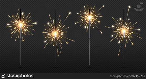 Realistic sparkler. Party and birthday firework lights, vector New Year and Christmas decorative elements on transparent background. Glow yellow sparklers candle for feast celebrate. Realistic sparkler. Party and birthday firework lights, vector New Year and Christmas decorative elements on transparent background