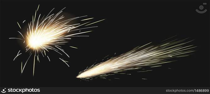 Realistic sparks of weld metal blade, firework petard flare, comet trail. Bright glowing sparkling light of electric circular saw, flying asteroid isolated on black background, 3d vector clip art. Realistic sparks of weld metal blade, firework