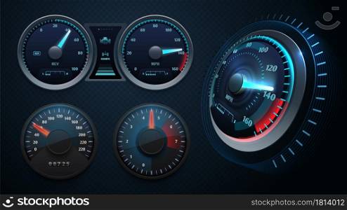 Realistic speedometer. Sport car dashboard, auto panel with arrows and speed measuring board vector set. Illustration speedometer and dashboard, panel vehicle gauge. Realistic speedometer. Sport car dashboard, auto panel with arrows and speed measuring board vector set