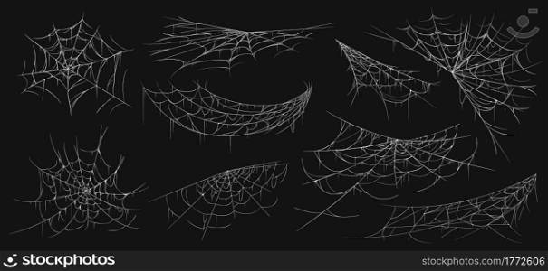 Realistic spider web. Scary cobwebs. Isolated insect nets. Horror Halloween decoration line elements set. Arachnid nettings mockup. Hanging white creepy spidery threads. Vector natural grid templates. Realistic spider web. Scary cobwebs. Isolated insect nets. Halloween decoration line elements set. Arachnid nettings. Hanging white creepy spidery threads. Vector natural grid templates