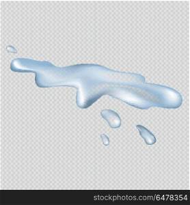 Realistic Spilled Water Isolated Illustration. Realistic 3D spilled clear and pure water with small drops beside isolated vector illustration on transparent background.